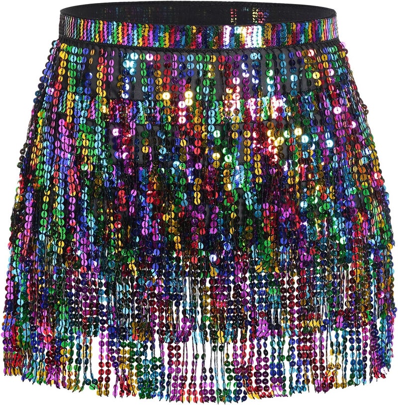 SUMERSHA Belly Dance Hip Scarf Sequin Tassel Skirt Wrap Sparkly Rave Costume for Women - Image 1